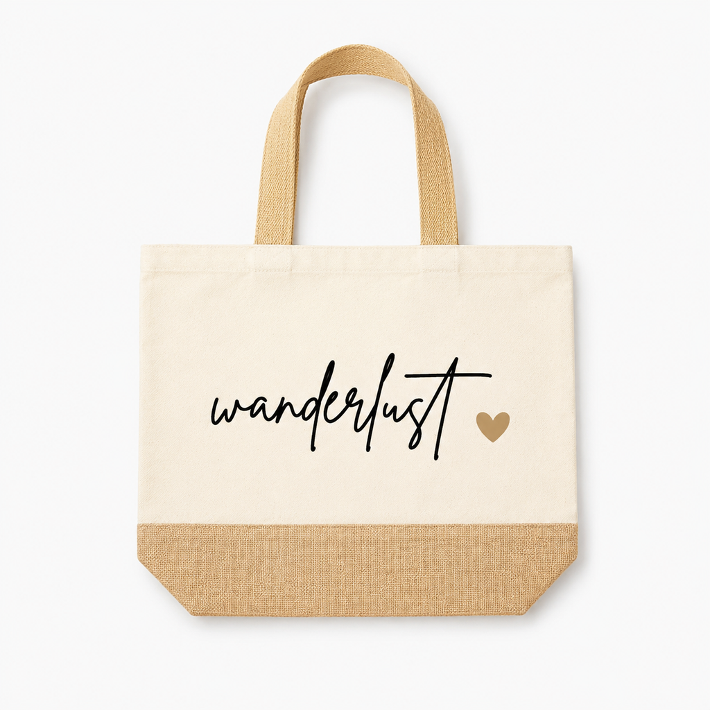 Borsa estiva in cotone e iuta con scritta Wanderlust e cuoricino - CG CREATIONS Svizzera