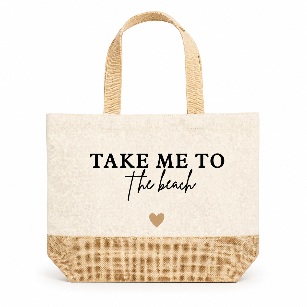 Borsa estiva in cotone e iuta con scritta Take me to the beach  e cuoricino - CG CREATIONS Svizzera