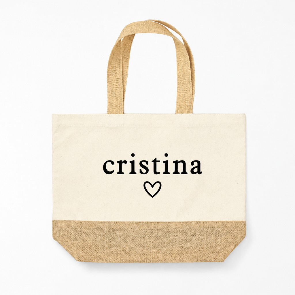 Borsa estiva personalizzabile in cotone e iuta con nome in stampatello CG CREATIONS Svizzera