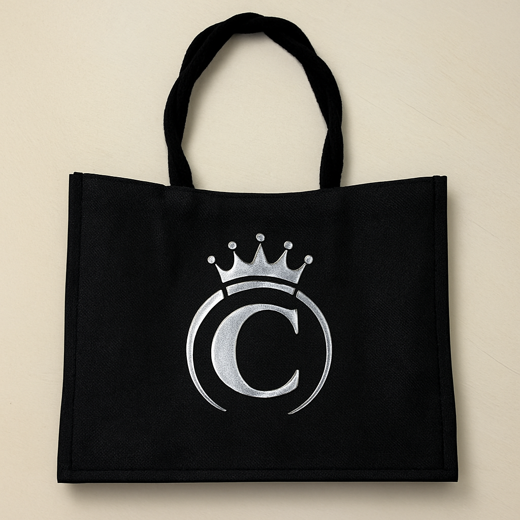 Borsa nera di iuta Princess personalizzabile grafica argento CG CREATIONS Svizzera