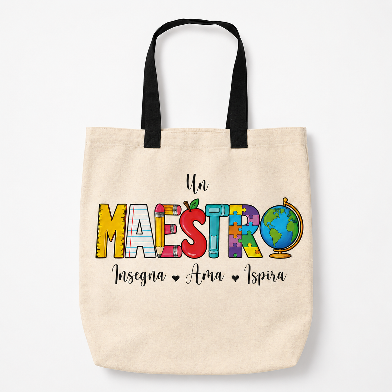 Borsa regalo maestro - insegna ama ispira - matite e mappamondo - CG CREATIONS Svizzera