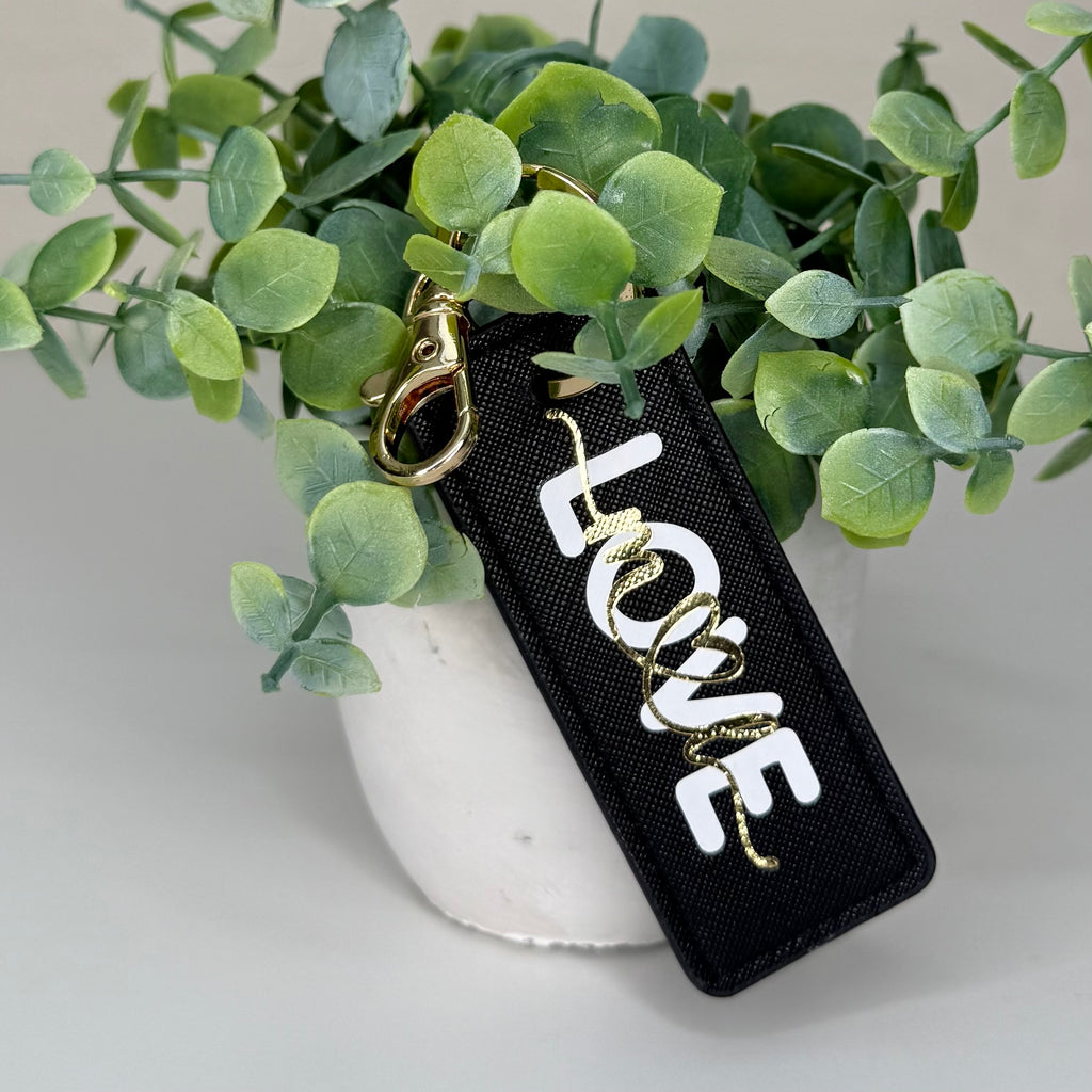 Portachiavi Love rettangolare nero con scritta LOVE bianca e oro, clip dorata - regalo San Valentino personalizzato CG CREATIONS Svizzera